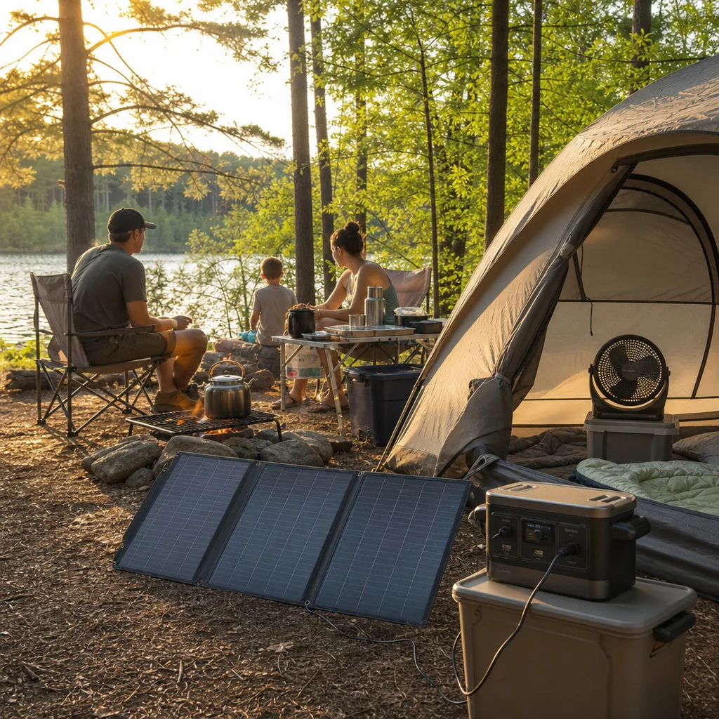 Practical camping setup with fan, battery, and portable solar panel