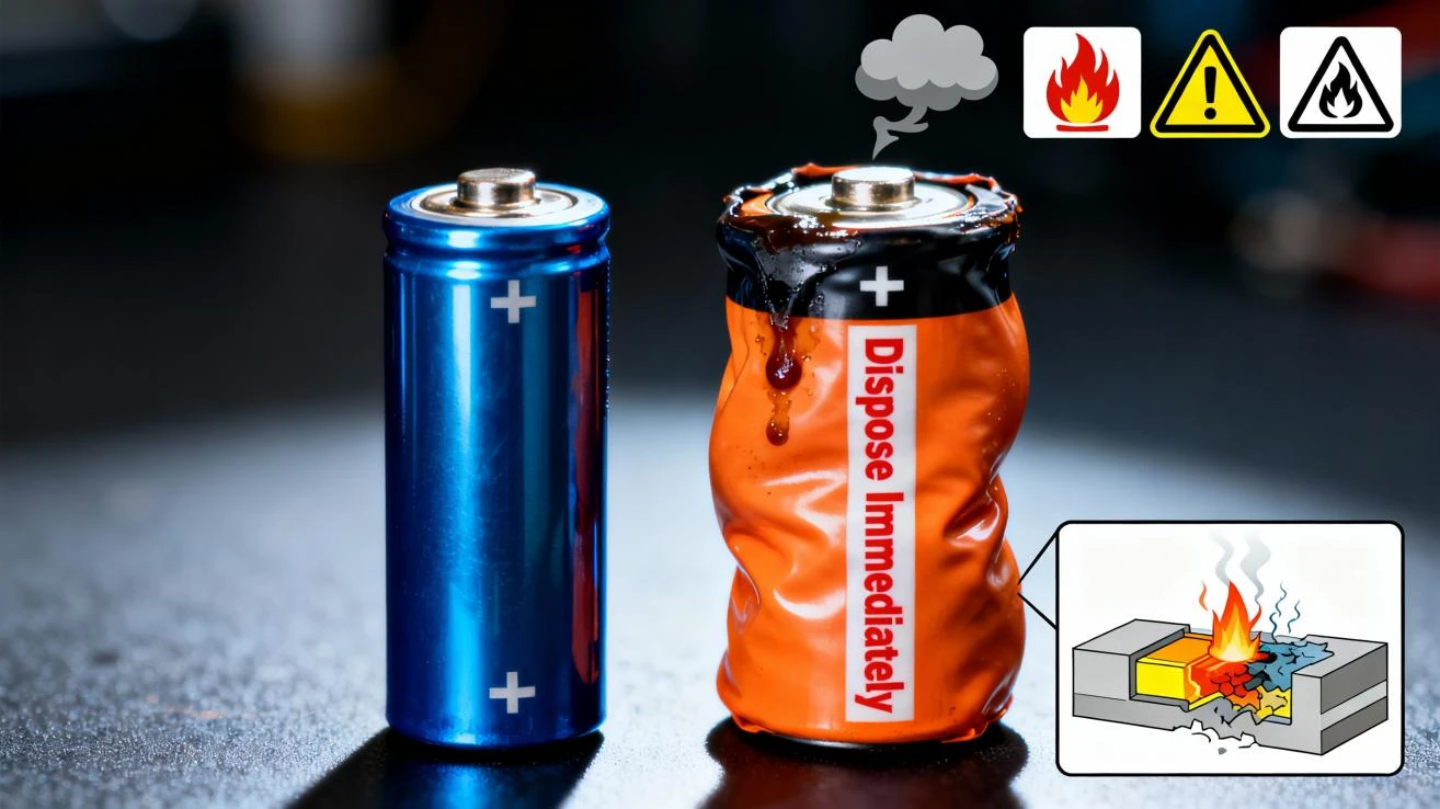 Visual warning showing a dangerous, bulging, and smoking faulty battery next to a normal one, highlighting battery safety risks
