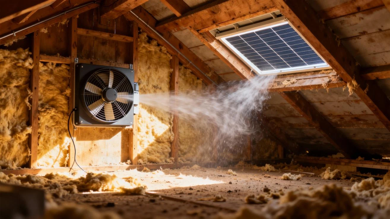 Solar-powered attic fan actively ventilating a hot attic space, with sunlight shining through a skylight featuring an integrated solar panel, demonstrating cost-effective cooling.