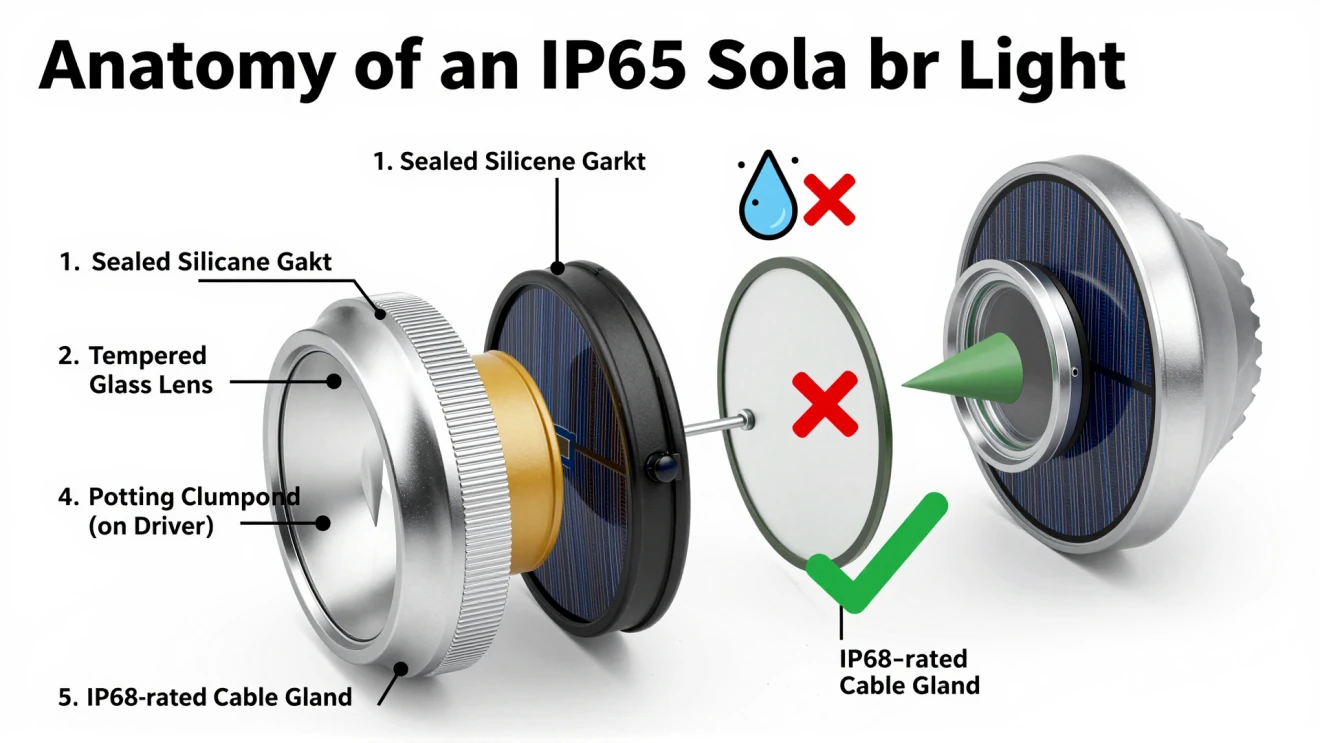 Exploded view diagram titled 'Anatomy of an IP65 Solar Light,' showing the internal components like sealed gaskets, tempered glass, and potting compound that ensure weatherproofing and durability.