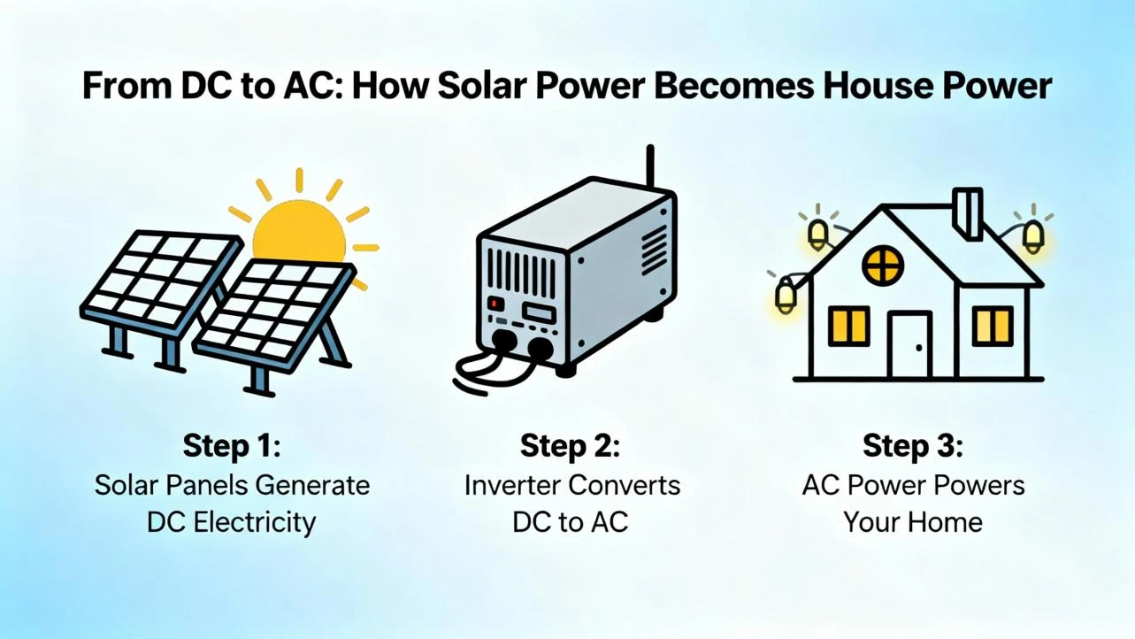Diagram showing the DC to AC conversion process for residential solar power using an inverter