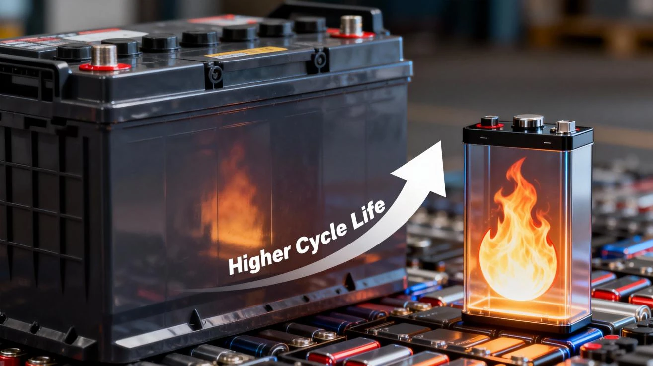 Promotional graphic highlighting battery quality with a large arrow indicating 'Higher Cycle Life,' emphasizing the long-term durability of the energy storage unit