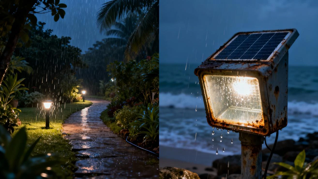 Split image showing solar pathway lights illuminating a rainy garden on the left, and a durable, rusted solar spotlight operating reliably by the stormy ocean on the right