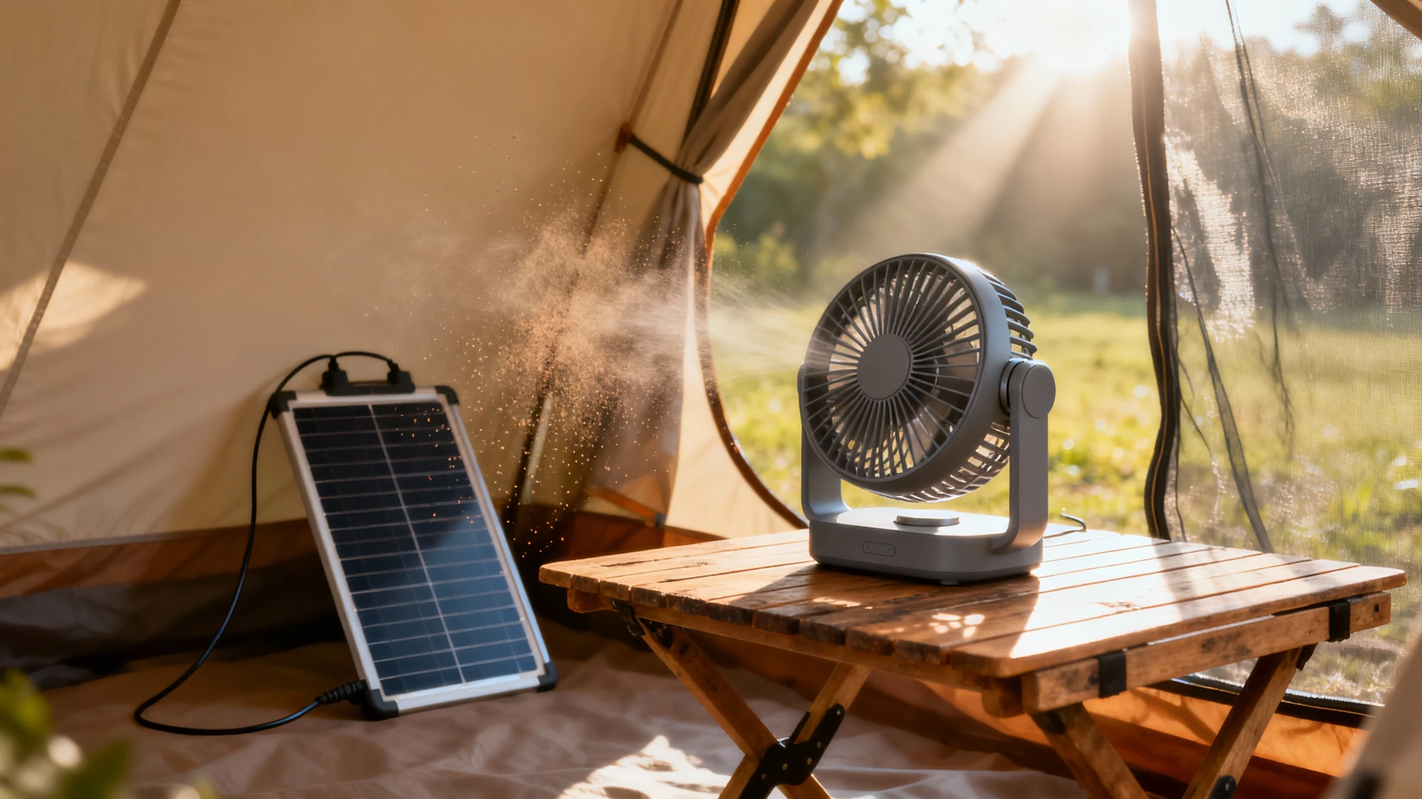 Portable solar fan running inside a camping tent, charging directly from a small solar panel on a sunny day, illustrating personal and cost-effective off-grid cooling.