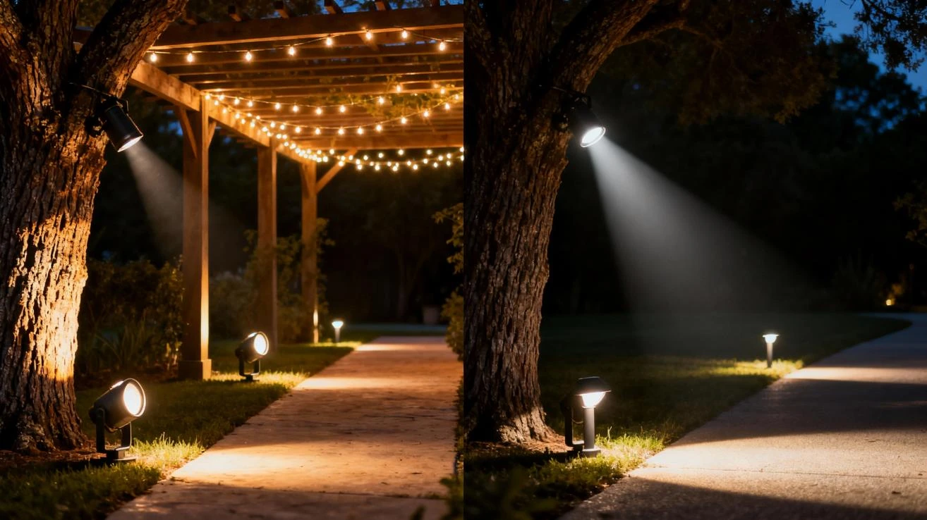 Split image comparing two nighttime outdoor landscape lighting designs, featuring solar spotlights illuminating a garden pathway and trees with different ambient effects