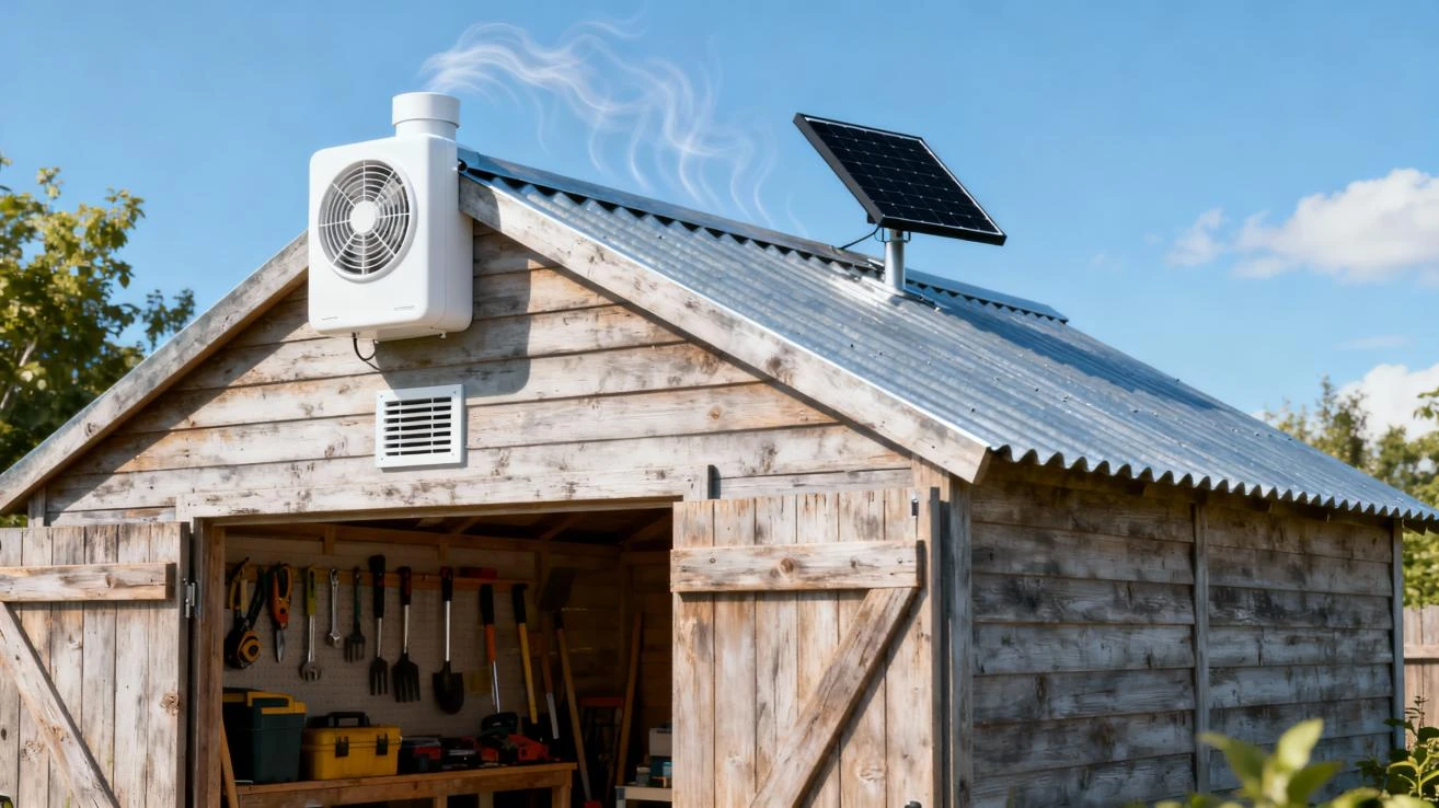 Solar-powered exhaust fan actively ventilating a wooden shed or workshop, with a connected solar panel mounted on the corrugated metal roof, providing cost-effective off-grid cooling.
