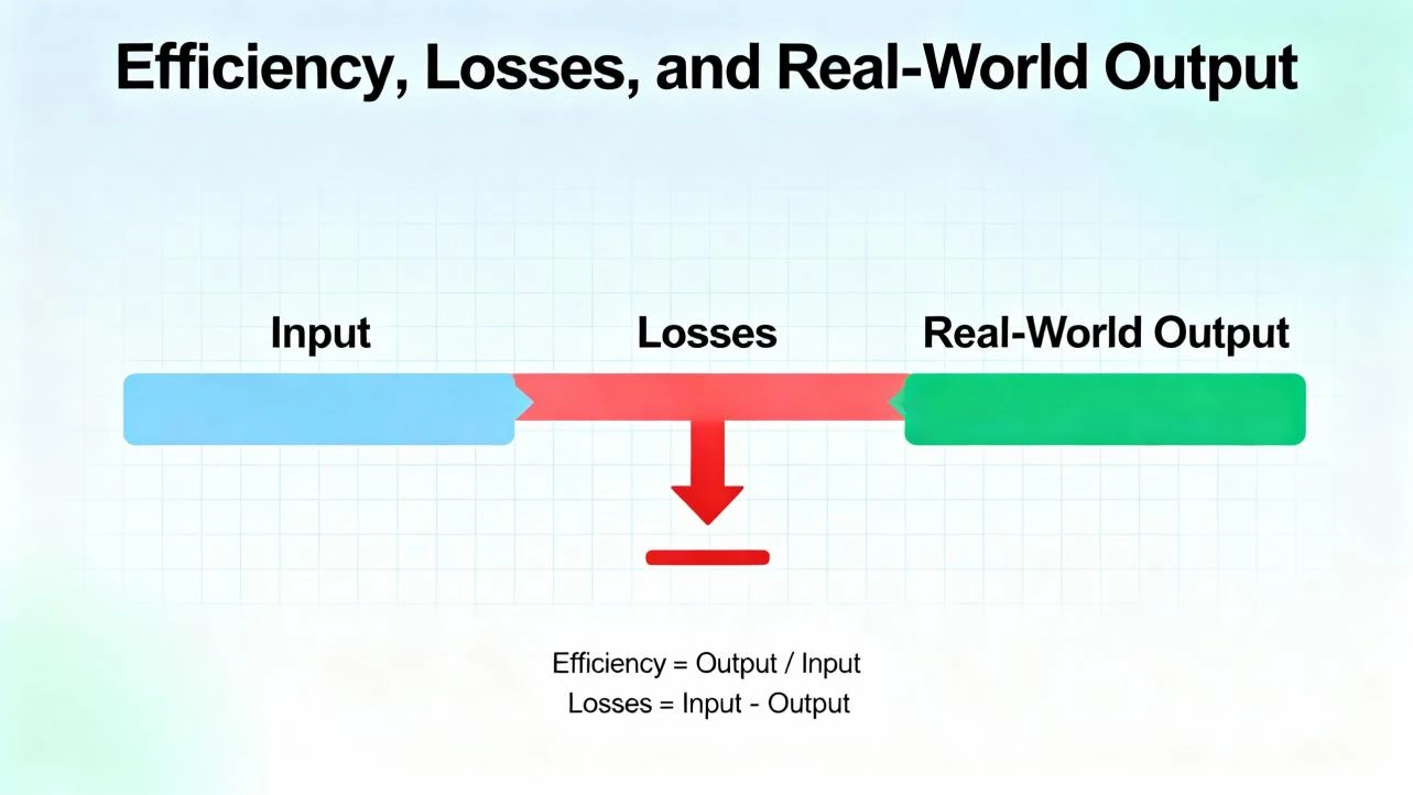 Visual model explaining energy efficiency and system losses: Input minus Losses equals Real-World Output