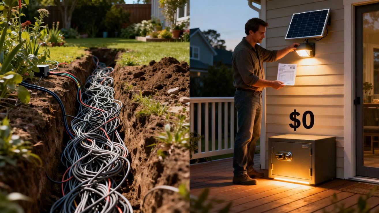 Split graphic contrasting traditional complex garden wiring in a trench with a man installing a simple wall-mounted solar-powered security light, highlighting '$0' electricity cost