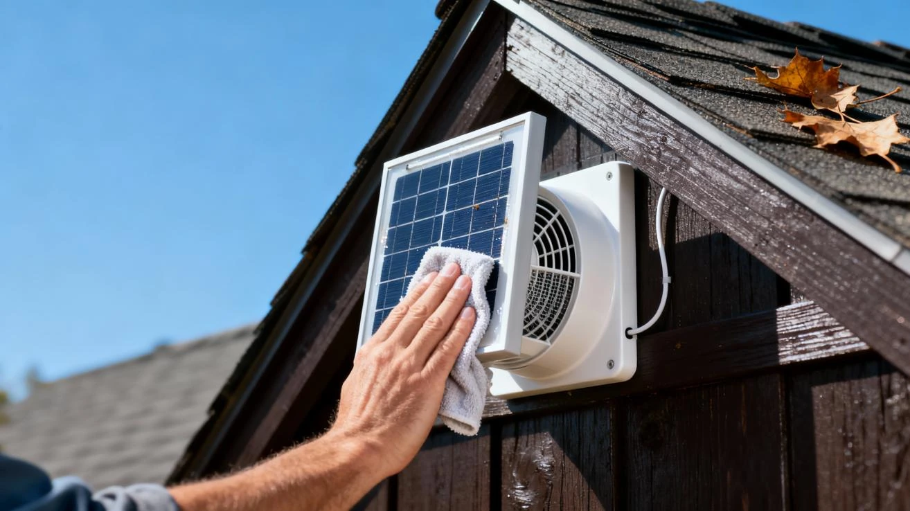 Hand cleaning the solar panel of a wall-mounted solar-powered exhaust fan on a shed or small building, ensuring optimal energy capture and cost-effective cooling performance.