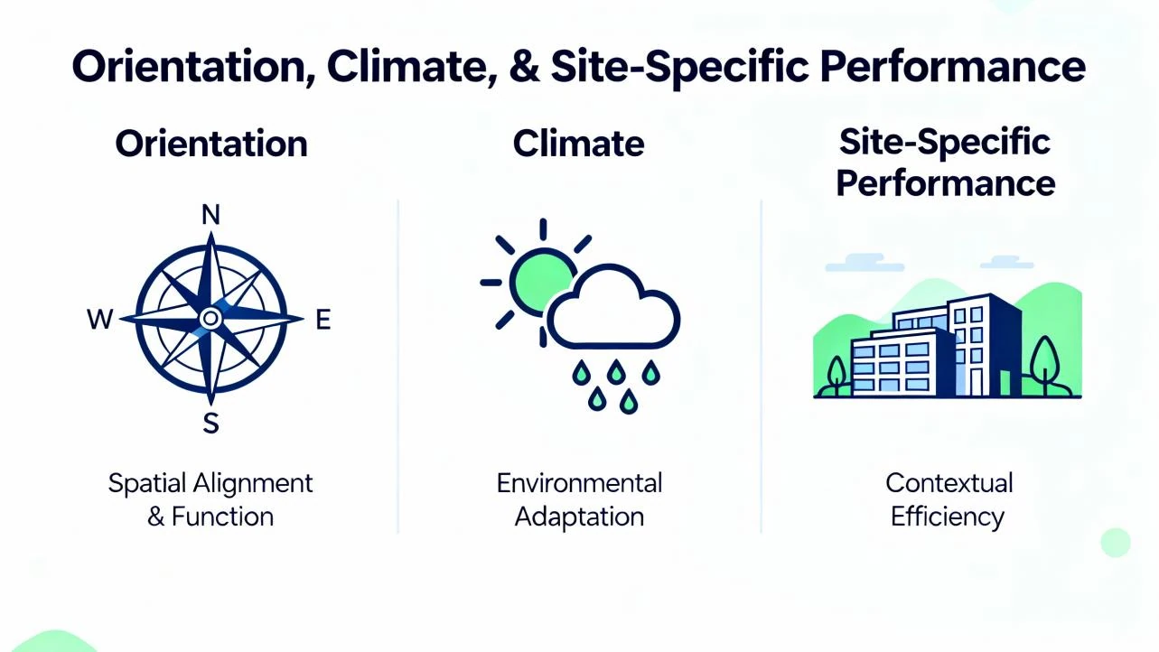 Visual guide to the three factors affecting solar output: system orientation, local climate, and site-specific performance