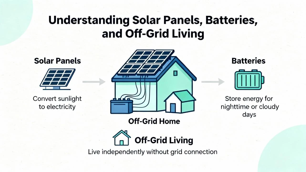 Visual explanation of an off-grid solar system using panels to generate electricity and batteries for power storage