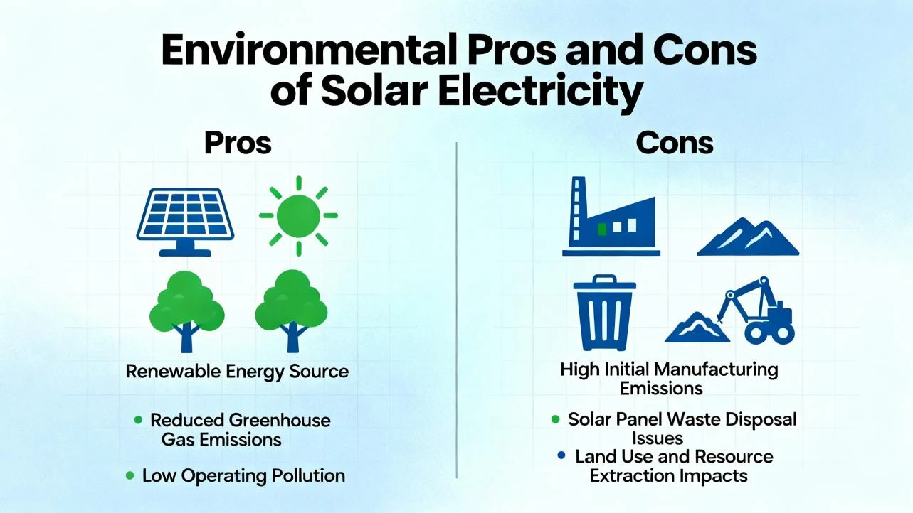 Balanced visual guide to the environmental pros and cons of solar power, highlighting emissions and waste issues