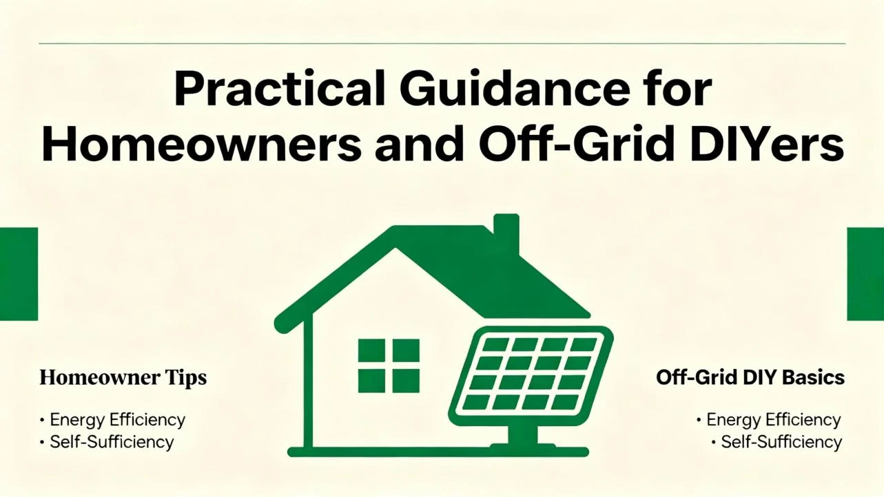 Graphic for a guide providing practical solar tips for homeowners and self-sufficient off-grid users